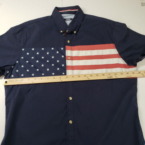 Izod USA Flag Button Down Shirt Mens Medium Blue American Short Sleeve Casual - Picture 4 of 12